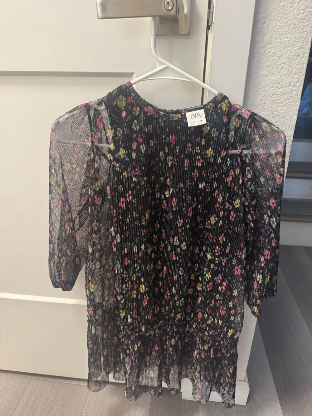 Zara Black Sheer Floral Pleated Girls' Dress with Pink and Yellow Prints la Size